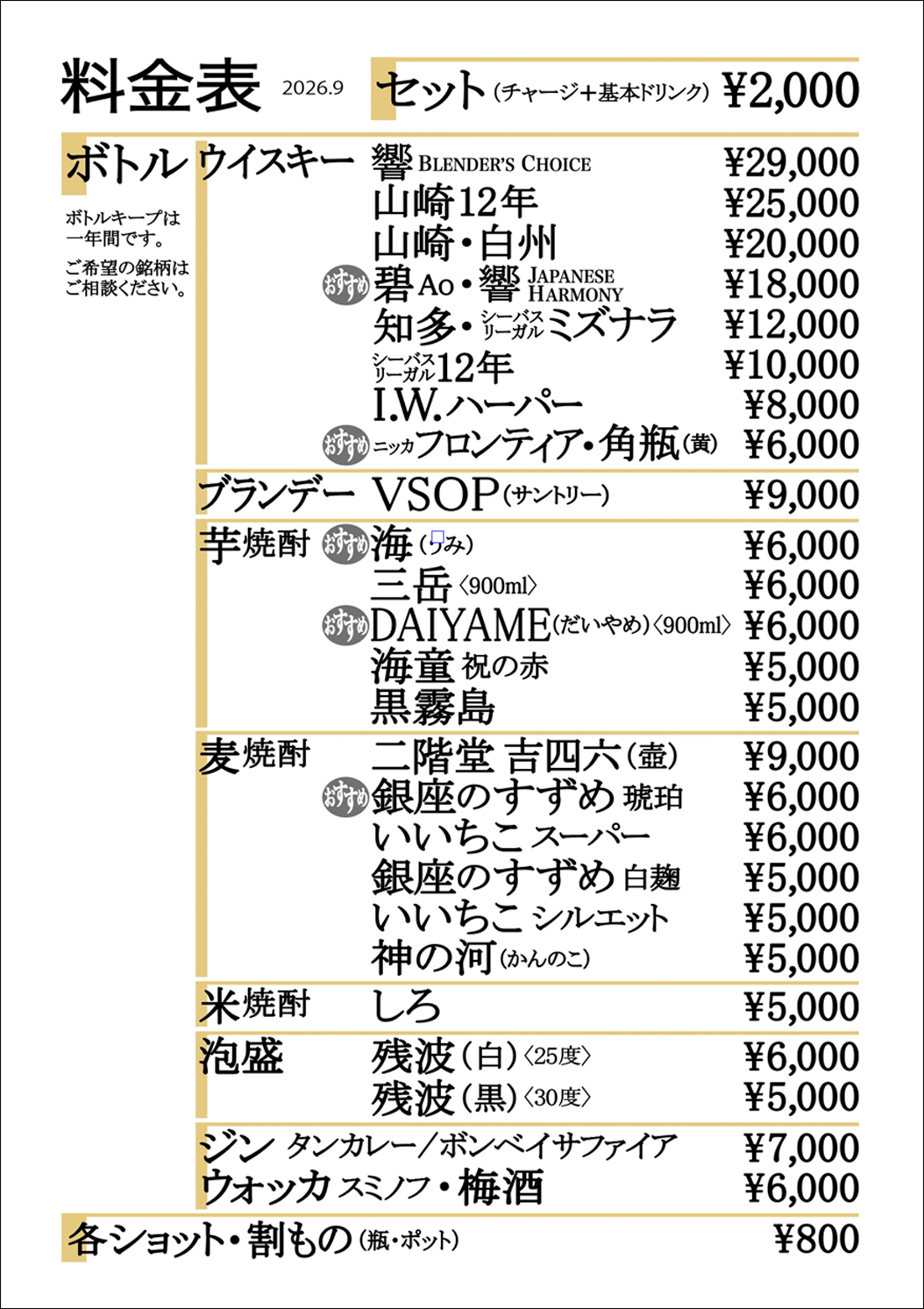 メニューと料金